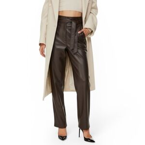Aritzia Babaton Belted High Rise Brown Vegan Leather Straight Leg Pant size 8